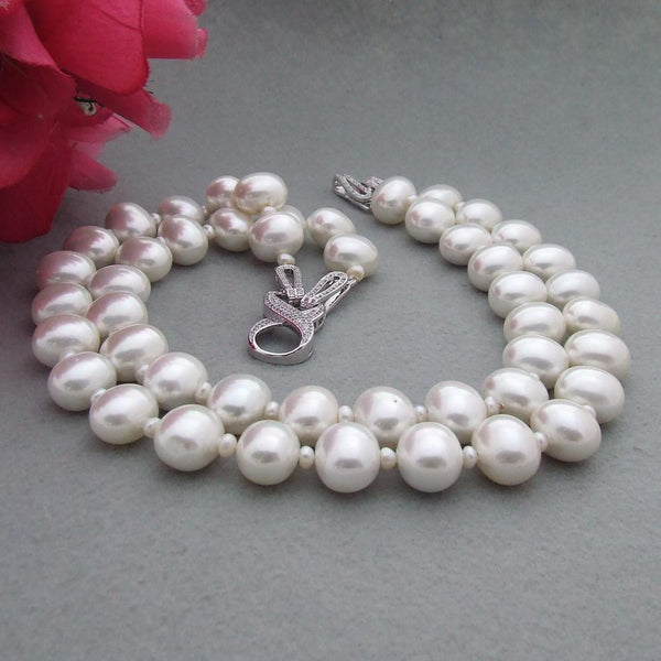 YYING 2 Strands 15x19mm White Sea Shell Pearl choker Necklace Cz Pave Clasp