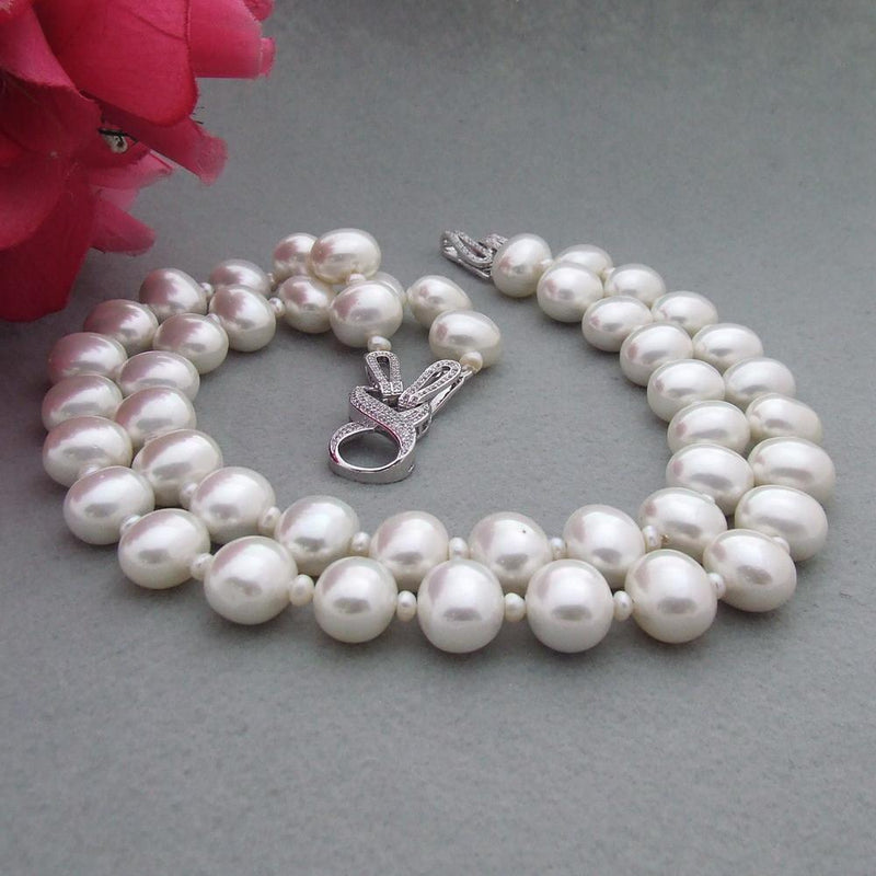White Sea Shell Pearl Choker Necklace with CZ Pave Clasp for Women