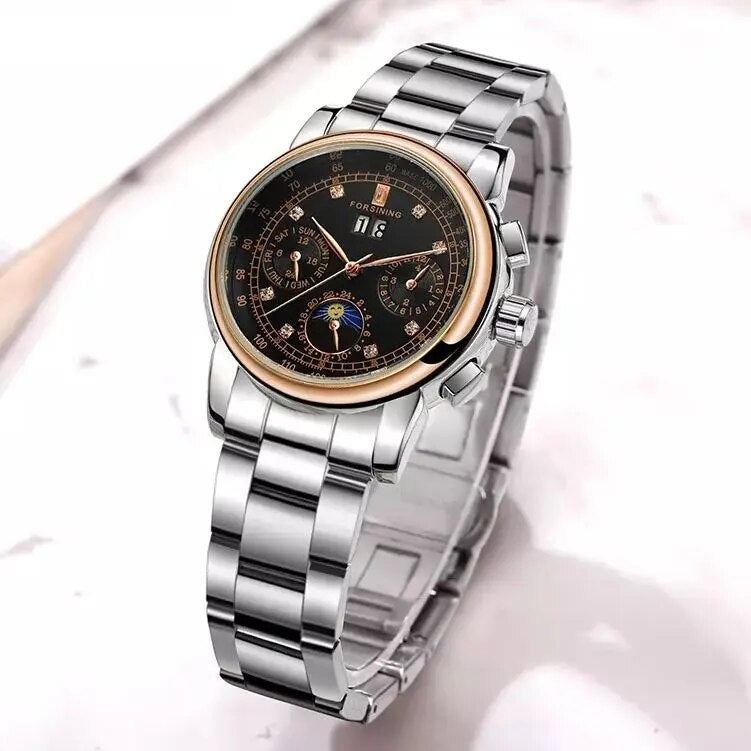 Automatic Winding Leather Strap Date Mechanical Dress Watch for Women