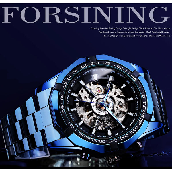 Stainless Steel Skeleton Automatic Watch, Blue for Men