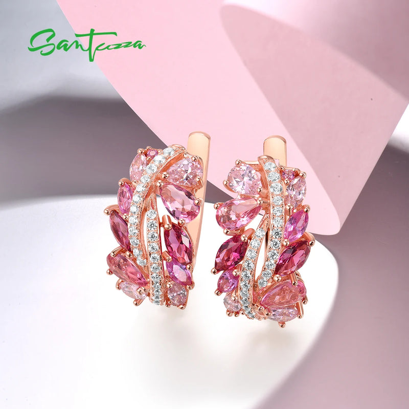 925 Sterling Silver Earrings with Red Pink Stone and White CZ for Women