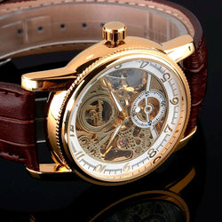 Stainless Steel Skeleton Automatic Watch with Leather Band for Men