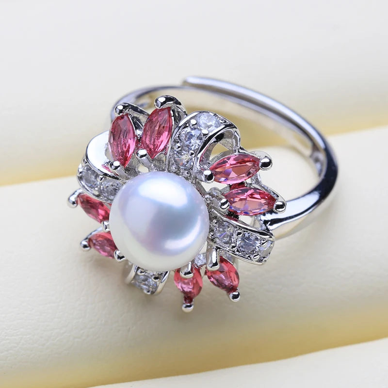 925 Sterling Silver Freshwater Pearl Ruby Ring for Women