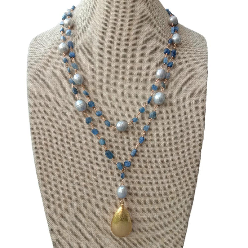 Gold Plated Kyanite and Pearl Teardrop Pendant Necklace for Women