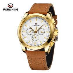 Gold Alloy Simple Hollow Three Eyes Six Pin Mechanical Watch with Brown Leather Strap for Men