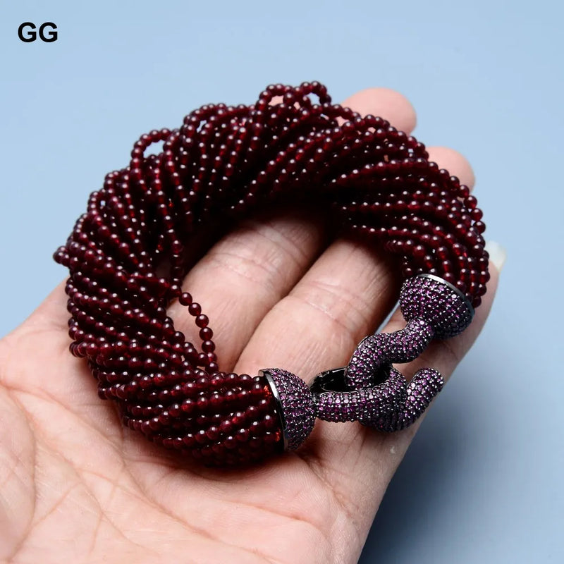 Gunmetal 20 Strands Garnet Beads Bracelet with Purple CZ Clasp, for Women