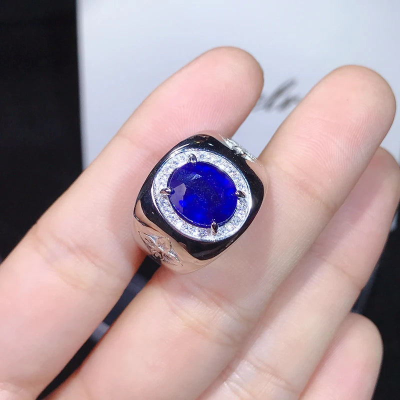 925 Pure Silver 4 Carat Natural Sapphire Ring with Color for Men