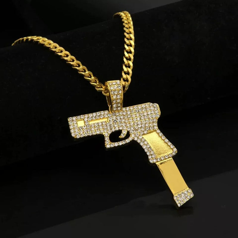 Gold Full Zircon Handgun Pendant Necklace for Men