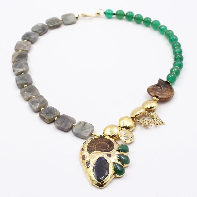 Gold Plated Green Agate Labradorite CZ Pave Pendant for Women