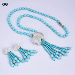 Sterling Silver Blue Turquoise Cubic Zirconia Flower Tassel Set For Women