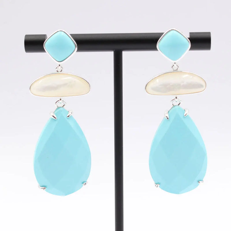 Sterling Silver Natural White Shell Blue Turquoise Dangle Stud Earrings for Women