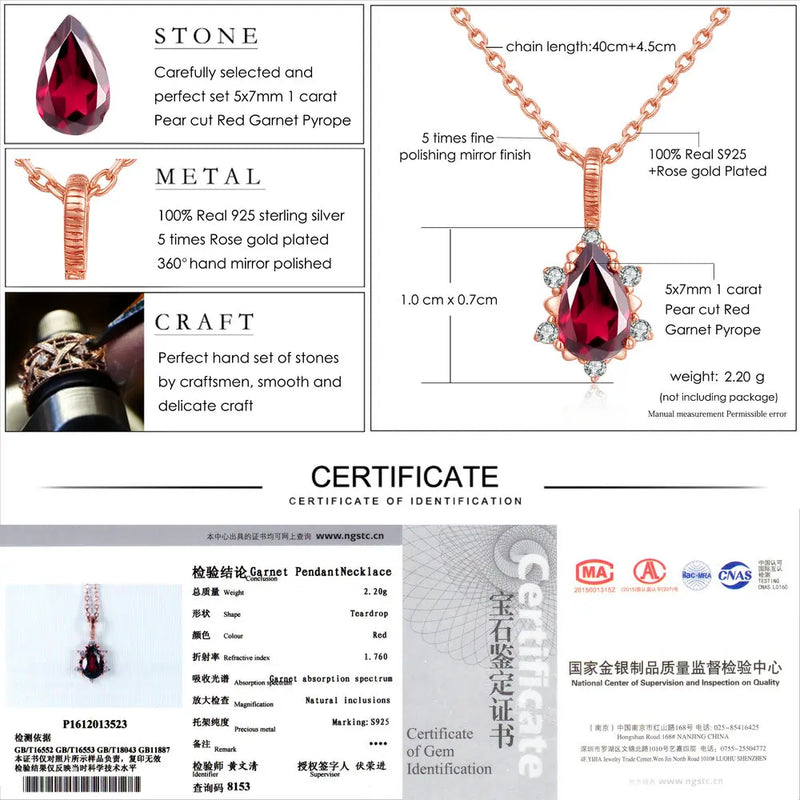 Sterling Silver Red Garnet Pendant Necklace for Women