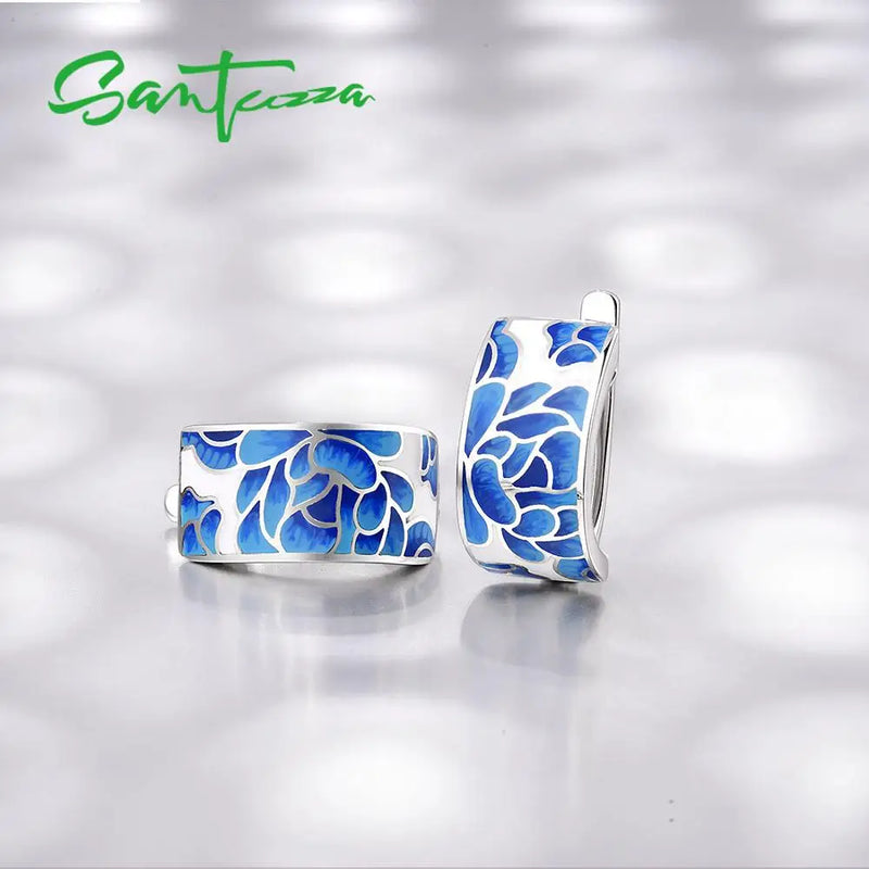 925 Sterling Silver Blue Enamel Flower Earrings for Women