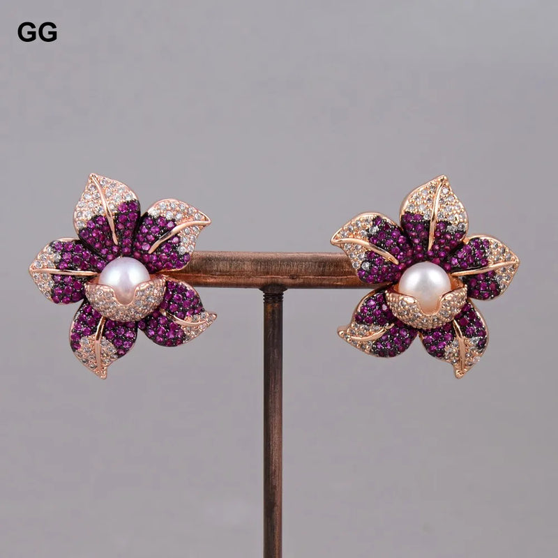 Rose Gold Plated White Pearl & Cubic Zirconia Flower Stud Earrings for Women