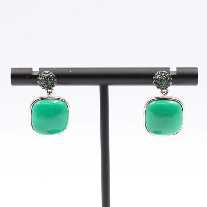 925 Silver Green Agate Stud Earrings with CZ for Women