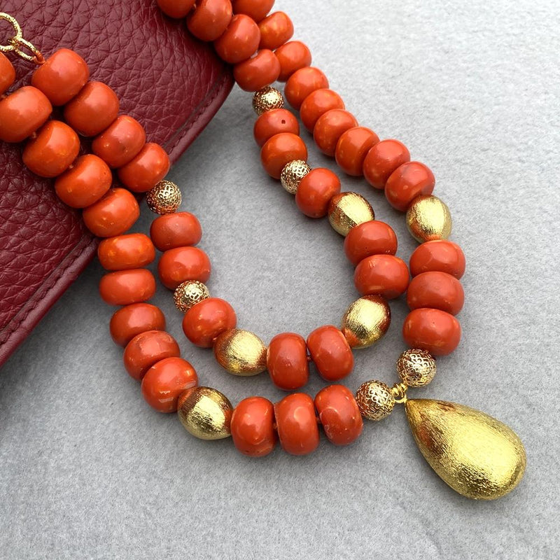 Gold Plated Faux Coral Rondelle Pendant Necklace, 21" gender-neutral