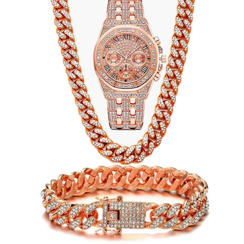 Gold Iced Out CZ Watch with Cuban Chain Necklace Set for Men Women