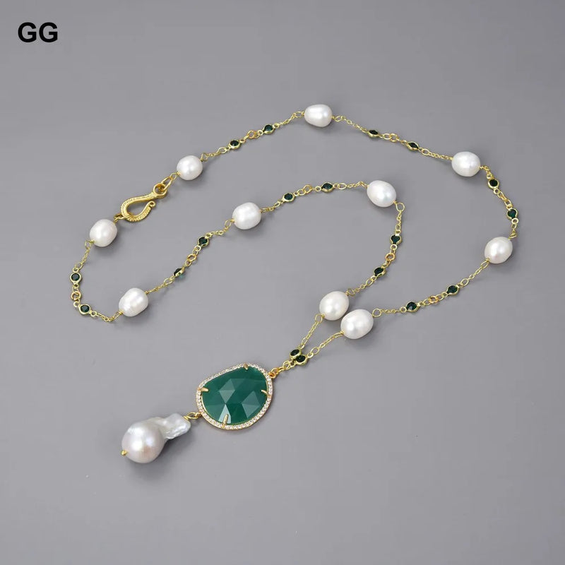 Gold Plated White Rice Pearl & Keshi Pearl Necklace with Green Crystal Pendant for women