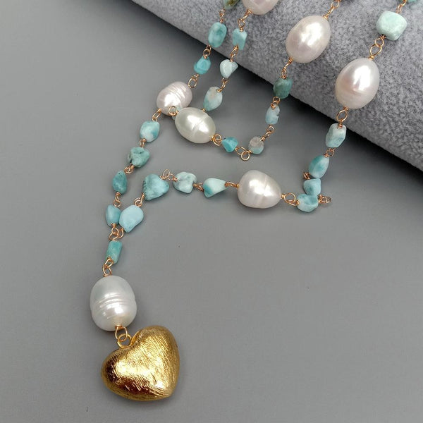 YYING Blue Larimars White Rice freshwater Pearl statement Necklace Heart Brushed Gold Plated Pendant necklace 21\"