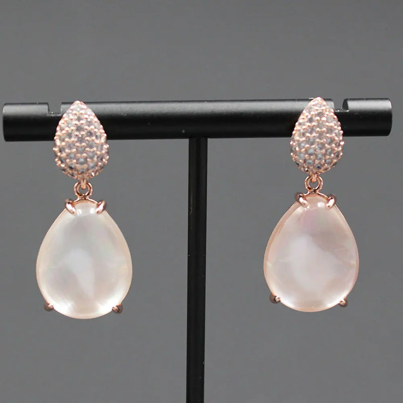 Sterling Silver Pink Quartz Crystal and Shell Cubic Zirconia Pave Dangle Earrings for Women