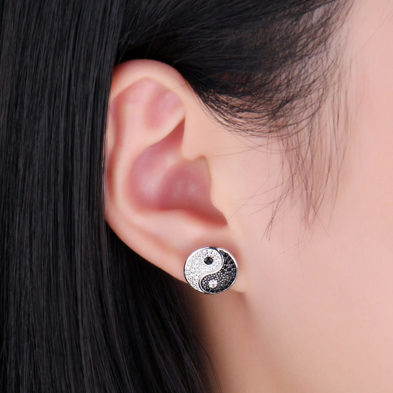 925 Sterling Silver Black Spinel Round Coin Stud Earrings for Women