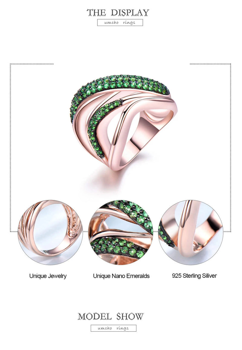 925 Sterling Silver Simulated Emerald Geometric Ring for Women