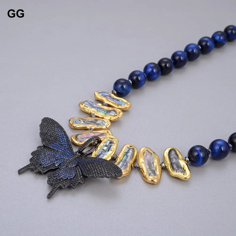 Gold Natural Blue Tiger Eye, Black Biwa Pearl & CZ Butterfly Pendant Necklace for Women