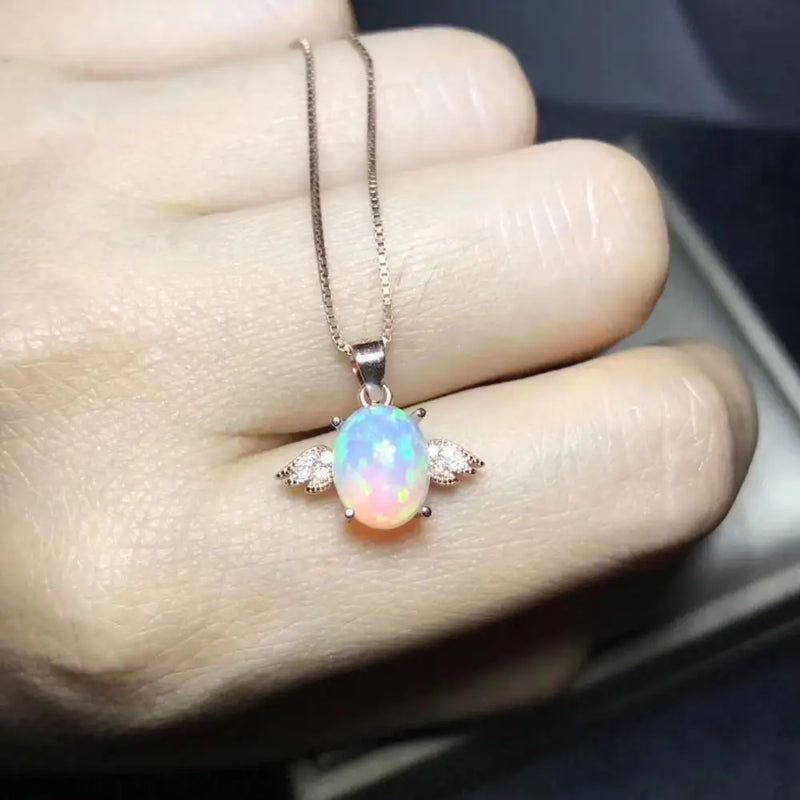 925 Sterling Silver Opal Necklace with Colorful Natural Fire Color, Fairy Tale Design for Lady