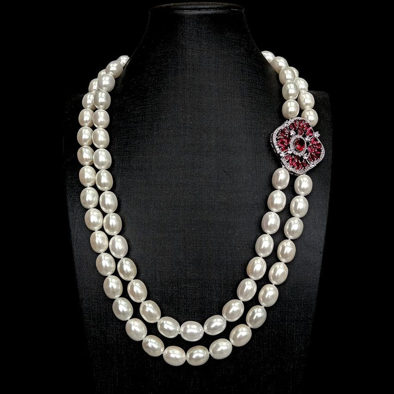 White Shell Pearl CZ Pave Pendant Necklace for Lady