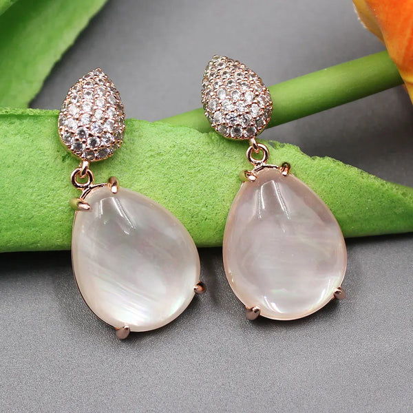 Sterling Silver Pink Quartz Crystal and Shell Cubic Zirconia Pave Dangle Earrings for Women