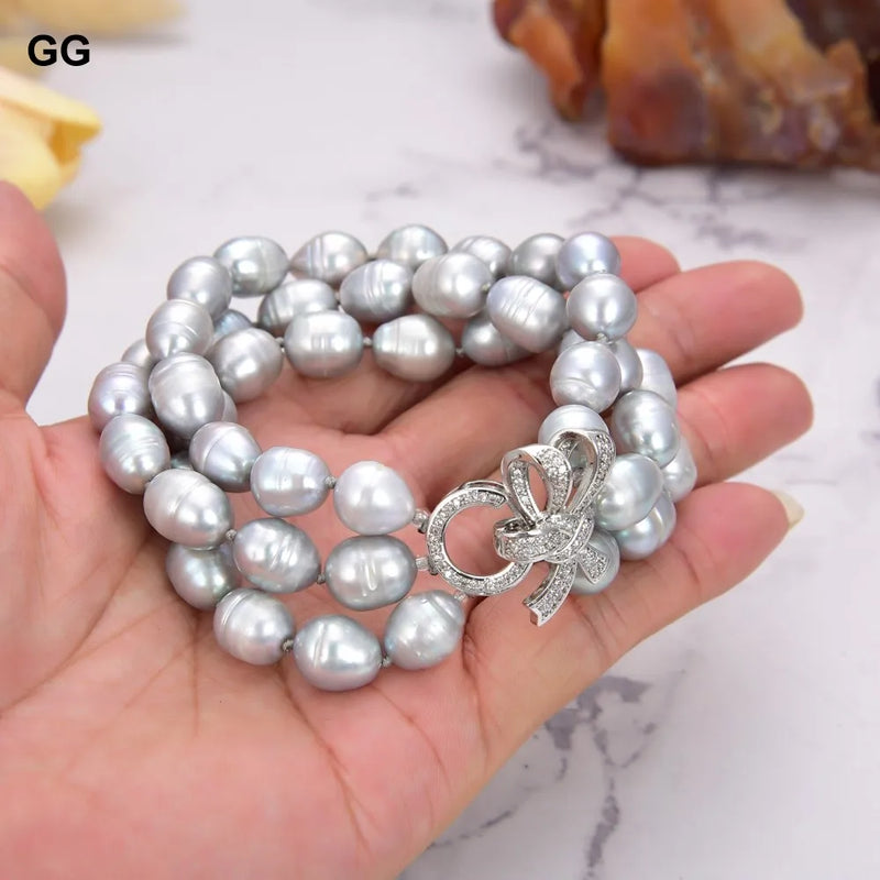 Sterling Silver Natural Gray Rice Pearl Bracelet 8'' CZ Paved Flower Clasp for Women