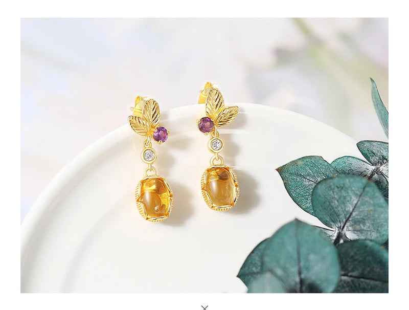 Sterling Silver Citrine Drop Earrings Leaf Shape for Women