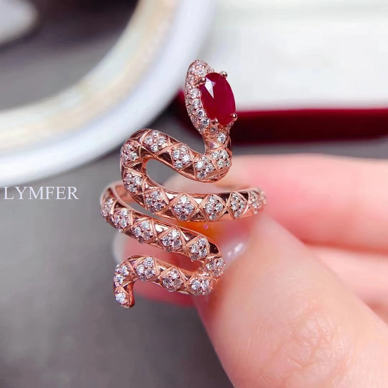 Sterling Silver Snake Ring with Natural Ruby evoking the allure of a sophisticated lady's personality and animal spirit.