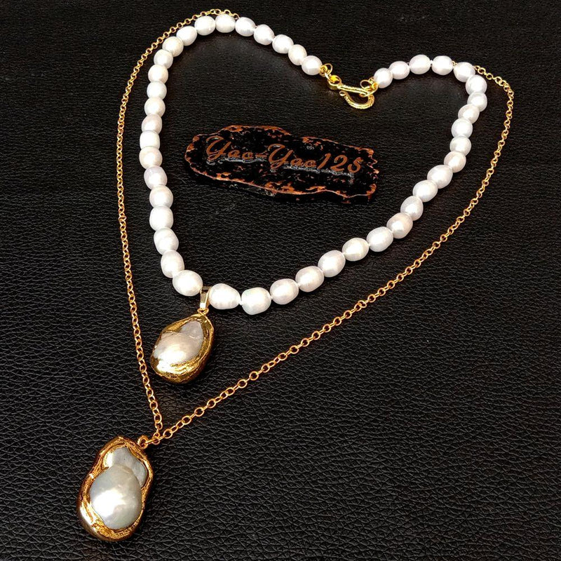 925 Sterling Silver White Cultured Rice Pearl Chain Necklace with White Keshi Pearl Pendant for Women