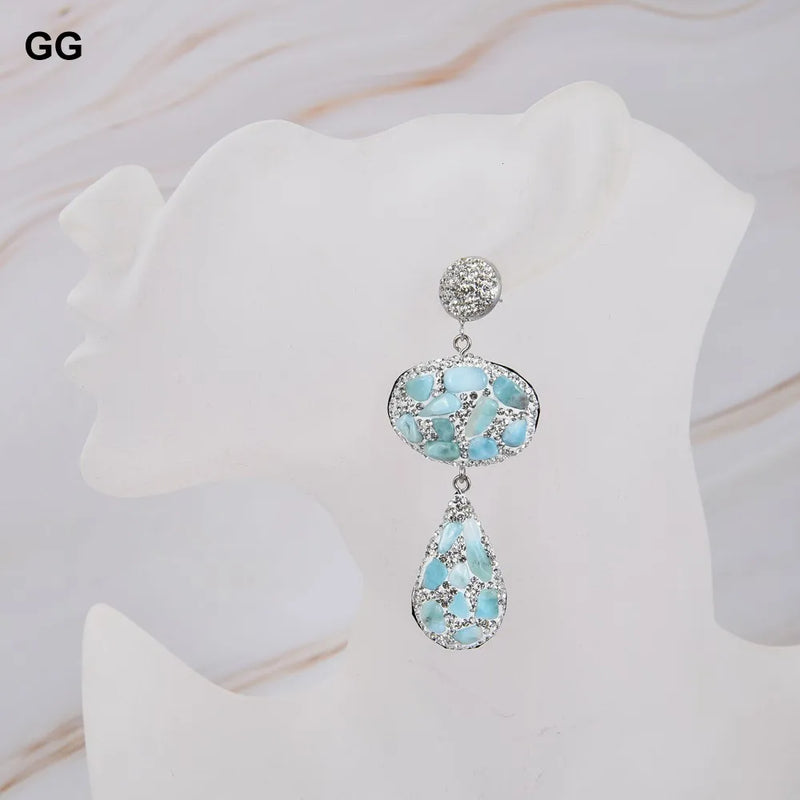 Sterling Silver Natural Blue Larimar Crystal Dangle Stud Earrings for Women