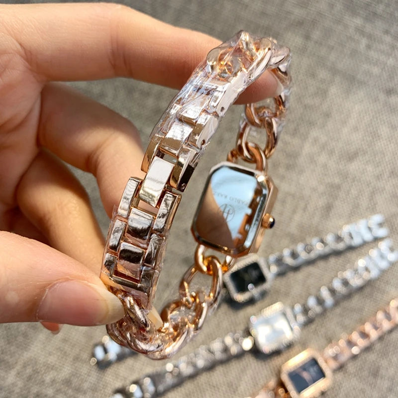 Luxury Women's Diamond Watch with Rose Gold Rim & High Quality Steel Chain - Elegant Dress Timepiece for Female Wrist.