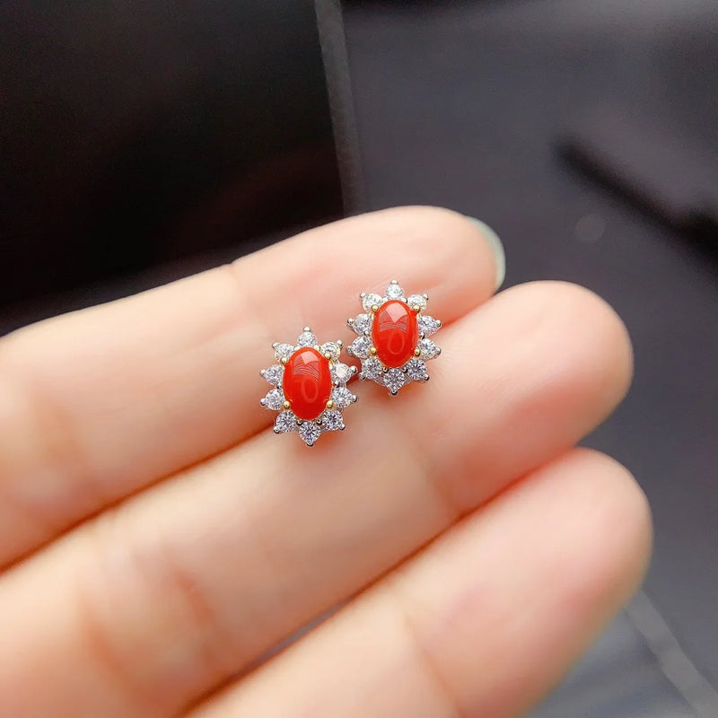 925 Sterling Silver Natural Red Coral Stud Earrings for Women