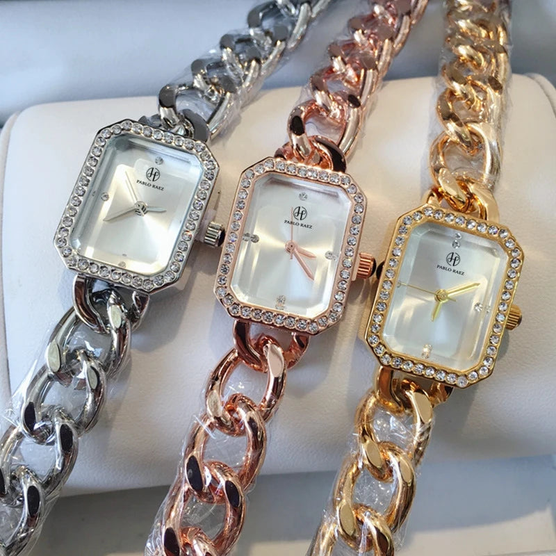 Luxury Women's Diamond Watch with Rose Gold Rim & High Quality Steel Chain - Elegant Dress Timepiece for Female Wrist.