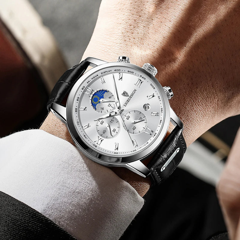 Luxury Men's Fashion Watch with Leather Strap and Waterproof Chronograph Features