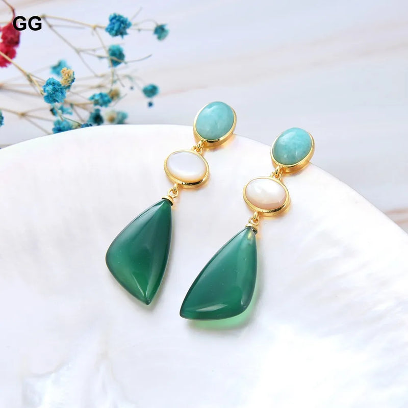 Gold plated geometric Amazonite and shell stud earrings. for her