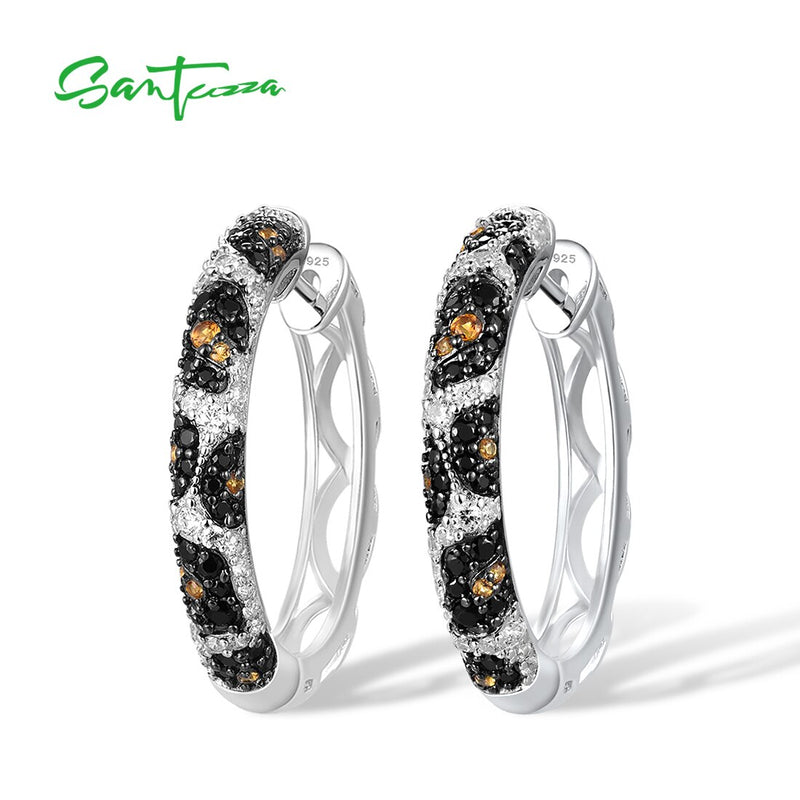 925 Sterling Silver Black Spinel and Cubic Zirconia Hoop Earrings for Women