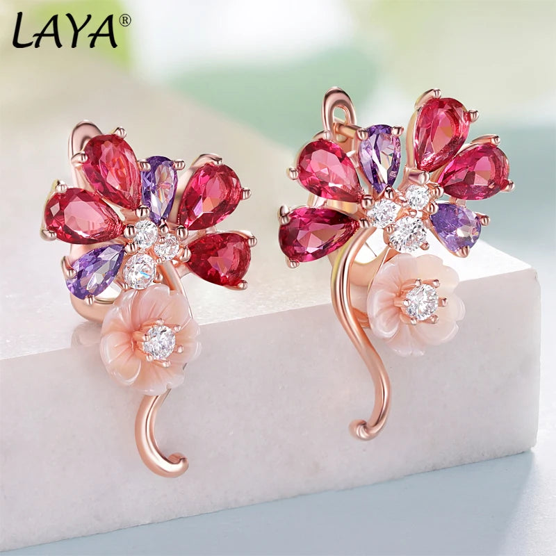 925 Sterling Silver Zircon Flower Drop Earrings and Ring Set for Women