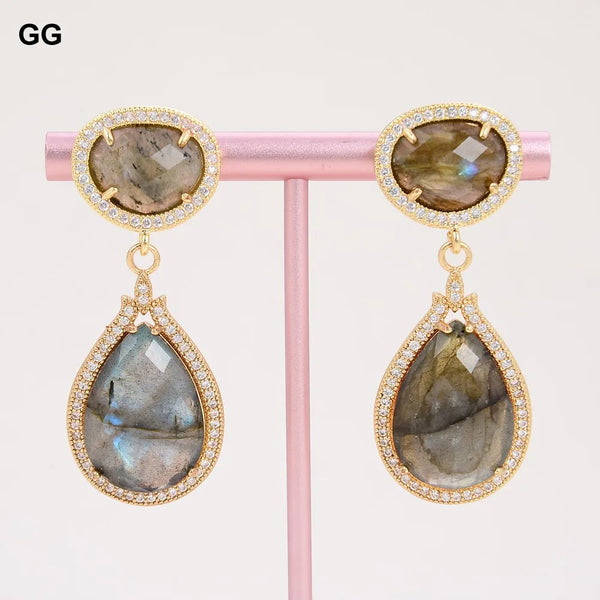 Gold Plated Labradorite CZ Stud Earrings for Women