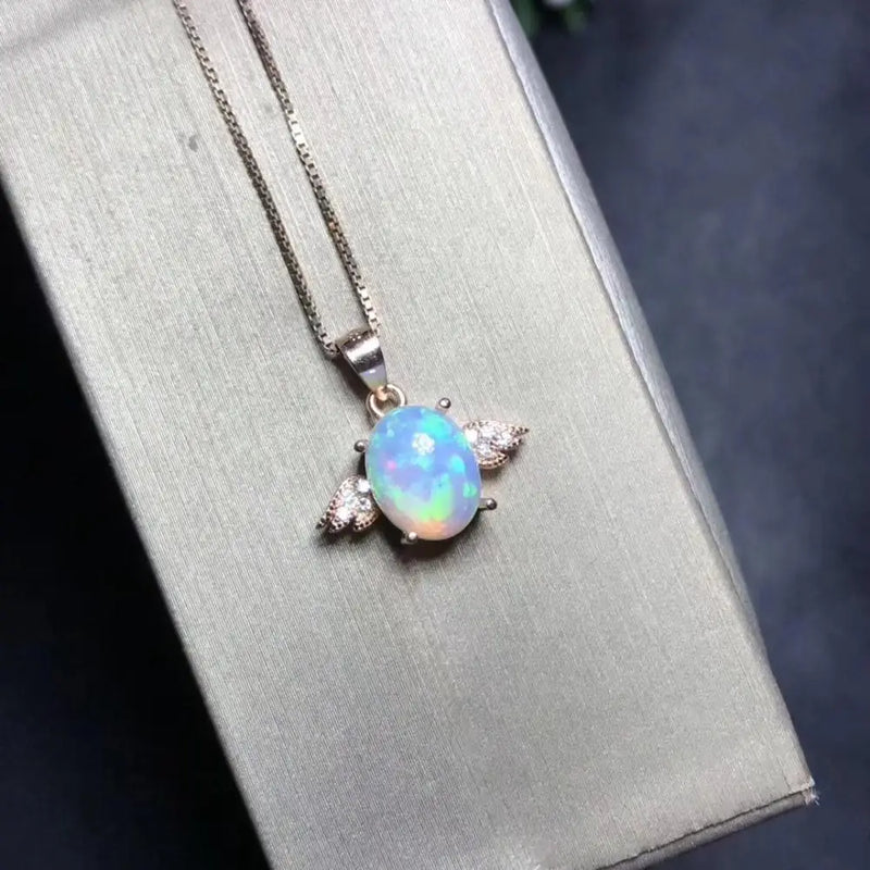 925 Sterling Silver Opal Necklace with Colorful Natural Fire Color, Fairy Tale Design for Lady