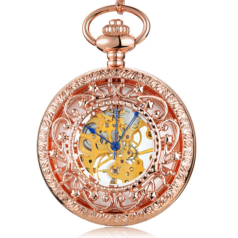 Gold Skeleton Hollow Pocket Watch with FOB Chain for Mens and Womens