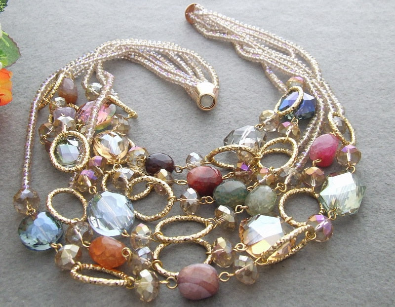 Sterling Silver 6 String Agates and Multishape Crystal Pendant Necklace for Women
