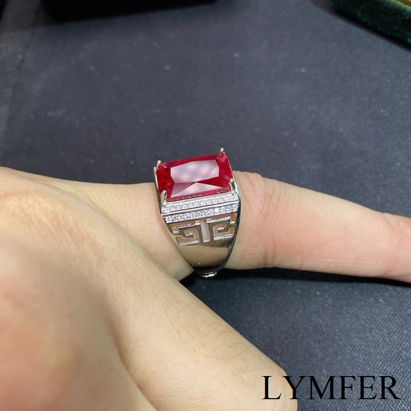 925 Sterling Silver Ruby Ring with Square Gem, Beautiful Color for Men