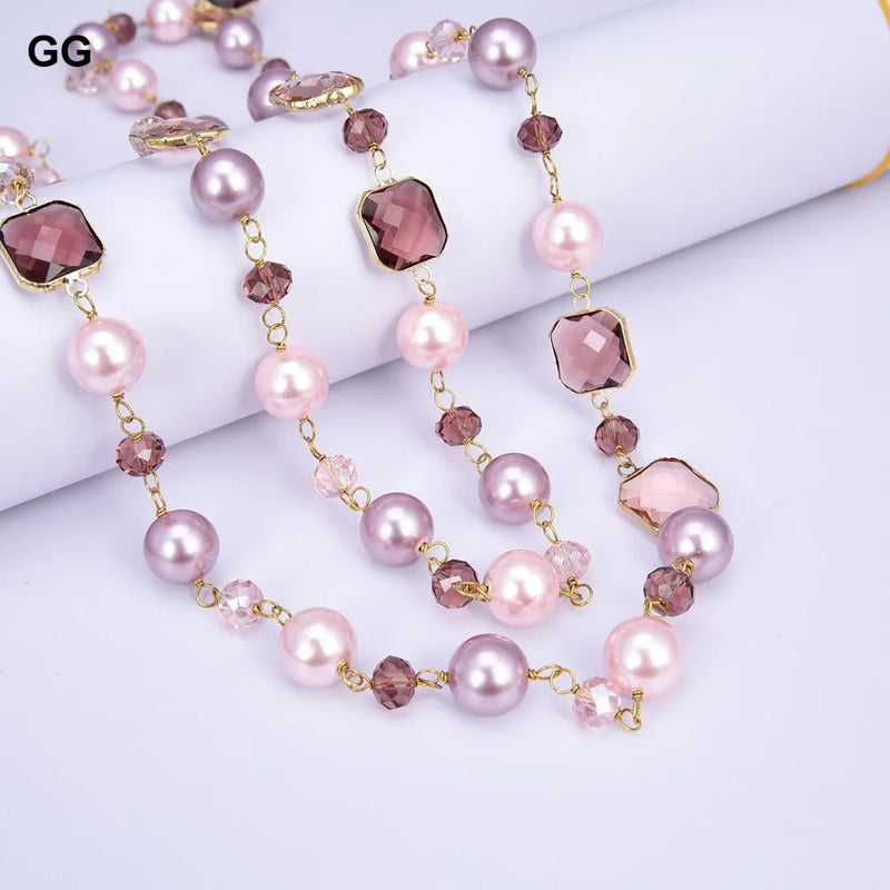 Gold Plated Crystal Pearl Multi Color Sea Shell Long Necklace for Her