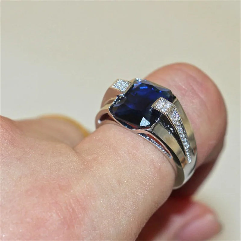 925 Sterling Silver Blue Sapphire Square Gemstone Ring for Men