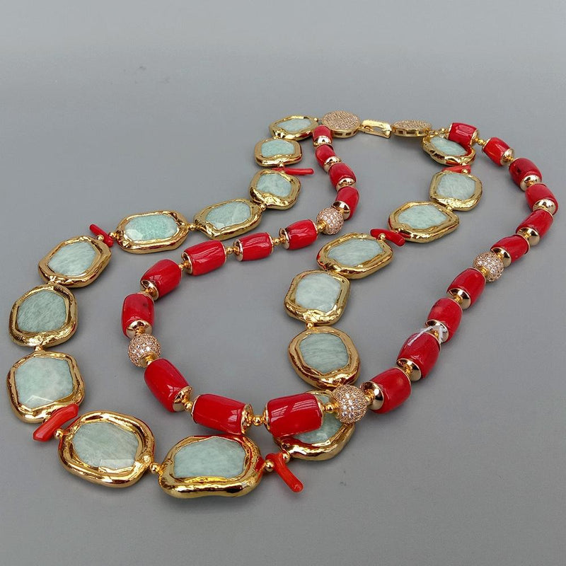 Sterling Silver Red Coral and Green Amazonite Cubic Zirconia Pave Necklace for Women